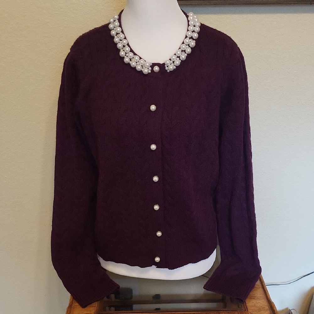 ADRIANNA  PAPEL Raisin  Cardigan with Pearl And Rhinestone Collar